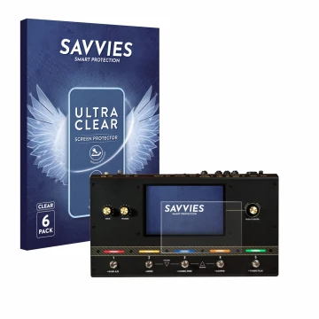 Vorderseite einer Produktverpackung mit dem Markenlogo Savvies. Daneben ist das Gerät Headrush Core mit dem zugehörigen Displa