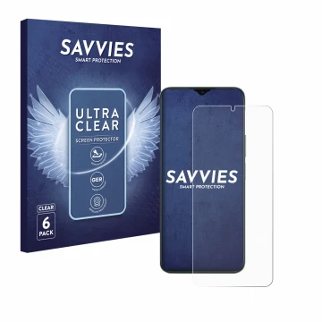 Vorderseite einer Produktverpackung mit dem Markenlogo Savvies. Daneben ist das Gerät Honor X6b mit dem zugehörigen Displaysch