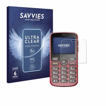 Vorderseite einer Produktverpackung mit dem Markenlogo Savvies. Daneben ist das Gerät Doro 1880 mit dem zugehörigen Displaysch