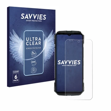 Vorderseite einer Produktverpackung mit dem Markenlogo Savvies. Daneben ist das Gerät Doogee S118 mit dem zugehörigen Displays