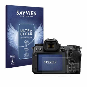 Vorderseite einer Produktverpackung mit dem Markenlogo Savvies. Daneben ist das Gerät Nikon Z6 III mit dem zugehörigen Display