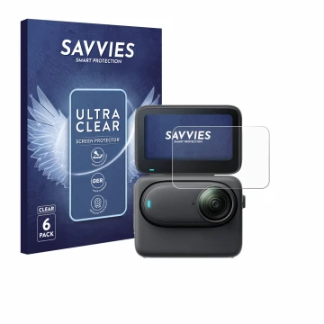 Vorderseite einer Produktverpackung mit dem Markenlogo Savvies. Daneben ist das Gerät Insta360 Go 3S mit dem zugehörigen Displ