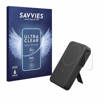 Vorderseite einer Produktverpackung mit dem Markenlogo Savvies. Daneben ist das Gerät Anker MagGo mit dem zugehörigen Displays