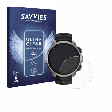 Vorderseite einer Produktverpackung mit dem Markenlogo Savvies. Daneben ist das Gerät Suunto Ocean mit dem zugehörigen Display