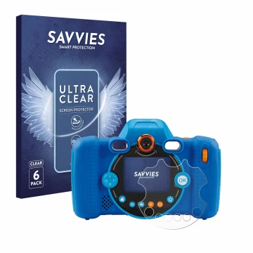 Vorderseite einer Produktverpackung mit dem Markenlogo Savvies. Daneben ist das Gerät Vtech Kidizoom Duo FX mit dem zugehörige