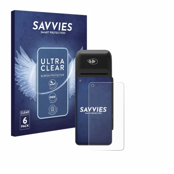 Vorderseite einer Produktverpackung mit dem Markenlogo Savvies. Daneben ist das Gerät Verifone T650c mit dem zugehörigen Displ