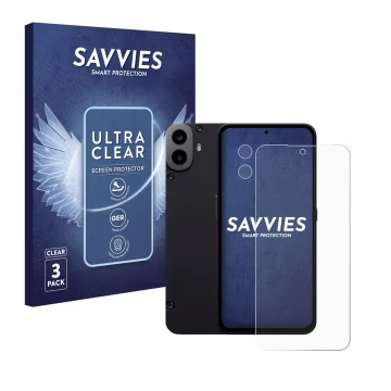 Vorderseite einer Produktverpackung mit dem Markenlogo Savvies. Daneben ist das Gerät Nothing CMF Phone 1 (Display+Kamera) mit