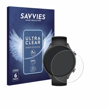 Vorderseite einer Produktverpackung mit dem Markenlogo Savvies. Daneben ist das Gerät OnePlus watch 2R mit dem zugehörigen Dis