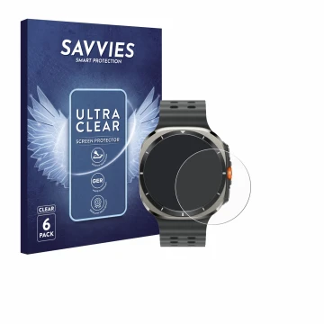 Vorderseite einer Produktverpackung mit dem Markenlogo Savvies. Daneben ist das Gerät Samsung Galaxy Watch Ultra (47 mm) mit d