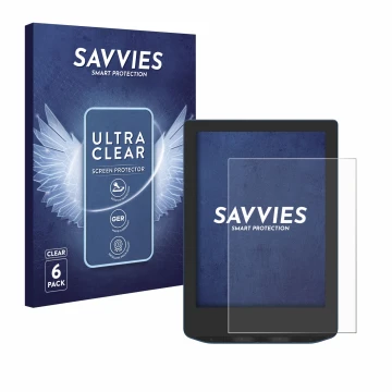Vorderseite einer Produktverpackung mit dem Markenlogo Savvies. Daneben ist das Gerät PocketBook Verse Pro Color mit dem zugeh