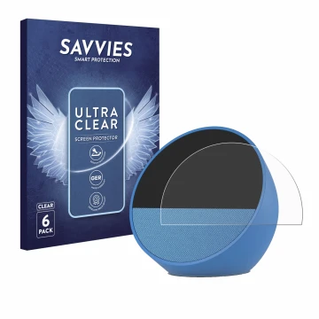 Vorderseite einer Produktverpackung mit dem Markenlogo Savvies. Daneben ist das Gerät Amazon Echo Spot 2024 mit dem zugehörige
