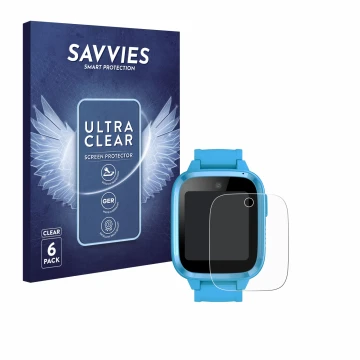 Vorderseite einer Produktverpackung mit dem Markenlogo Savvies. Daneben ist das Gerät Xplora Kidzi Watch mit dem zugehörigen D