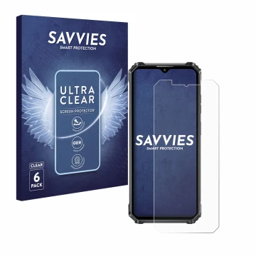 Vorderseite einer Produktverpackung mit dem Markenlogo Savvies. Daneben ist das Gerät Oukitel WP28E mit dem zugehörigen Displa