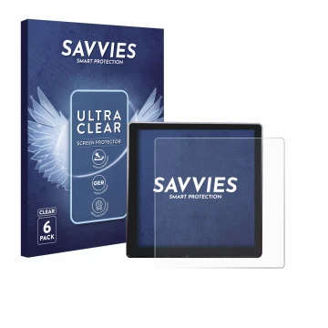 Vorderseite einer Produktverpackung mit dem Markenlogo Savvies. Daneben ist das Gerät Shelly Wall Display mit dem zugehörigen 