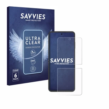 Vorderseite einer Produktverpackung mit dem Markenlogo Savvies. Daneben ist das Gerät Nubia Flip 5G mit dem zugehörigen Displa