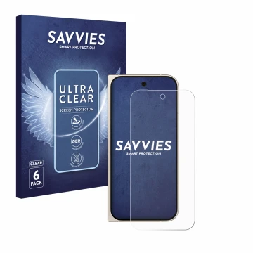 Vorderseite einer Produktverpackung mit dem Markenlogo Savvies. Daneben ist das Gerät Google Pixel 9 Pro Fold mit dem zugehöri