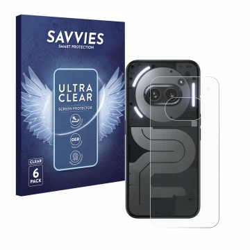 Vorderseite einer Produktverpackung mit dem Markenlogo Savvies. Daneben ist das Gerät Nothing Phone (2a) Plus (Rückseite) mit 