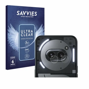 Vorderseite einer Produktverpackung mit dem Markenlogo Savvies. Daneben ist das Gerät Nothing Phone (2a) Plus (NUR Kameraschut