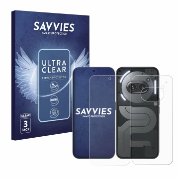 Vorderseite einer Produktverpackung mit dem Markenlogo Savvies. Daneben ist das Gerät Nothing Phone (2a) Plus (Display+Rücksei