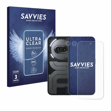 Vorderseite einer Produktverpackung mit dem Markenlogo Savvies. Daneben ist das Gerät Nothing Phone (2a) Plus (Display+Kamera)