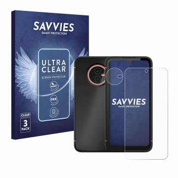 Vorderseite einer Produktverpackung mit dem Markenlogo Savvies. Daneben ist das Gerät Gigaset GX4 Pro (Display+Kamera) mit dem