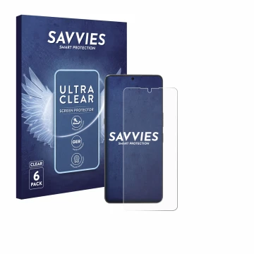 Vorderseite einer Produktverpackung mit dem Markenlogo Savvies. Daneben ist das Gerät Cubot Max 5 mit dem zugehörigen Displays