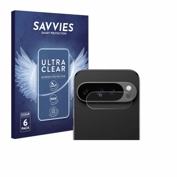 Vorderseite einer Produktverpackung mit dem Markenlogo Savvies. Daneben ist das Gerät Google Pixel 9 Pro (NUR Kameraschutz) mi