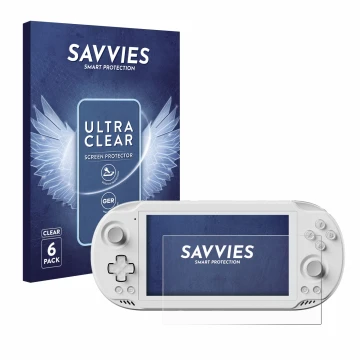 Vorderseite einer Produktverpackung mit dem Markenlogo Savvies. Daneben ist das Gerät AYN Odin 2 Mini mit dem zugehörigen Disp