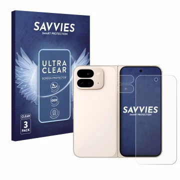 Vorderseite einer Produktverpackung mit dem Markenlogo Savvies. Daneben ist das Gerät Google Pixel 9 Pro Fold (Display+Kamera)
