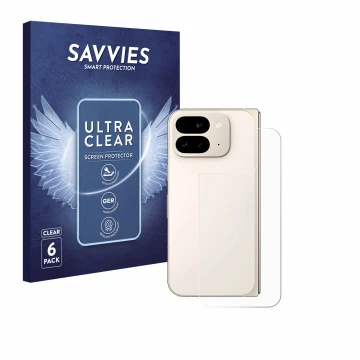 Vorderseite einer Produktverpackung mit dem Markenlogo Savvies. Daneben ist das Gerät Google Pixel 9 Pro Fold (Rückseite) mit 