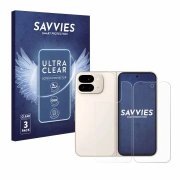 Vorderseite einer Produktverpackung mit dem Markenlogo Savvies. Daneben ist das Gerät Google Pixel 9 Pro Fold (Display+Rücksei