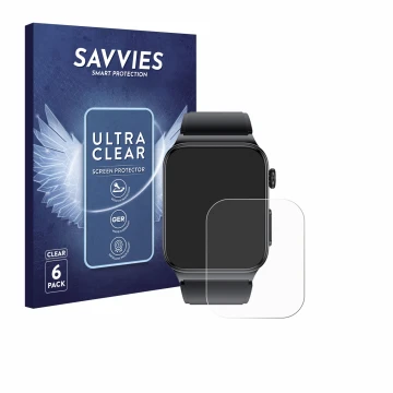 Vorderseite einer Produktverpackung mit dem Markenlogo Savvies. Daneben ist das Gerät andoer Smartwatch 1.85