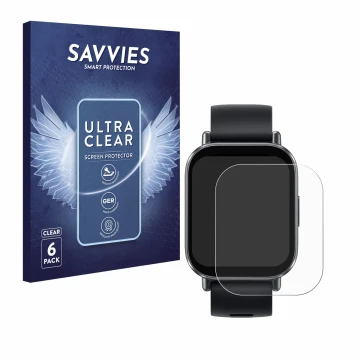 Vorderseite einer Produktverpackung mit dem Markenlogo Savvies. Daneben ist das Gerät Xiaomi Redmi Watch 5 Active mit dem zuge