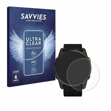 Vorderseite einer Produktverpackung mit dem Markenlogo Savvies. Daneben ist das Gerät Garmin Enduro 3 mit dem zugehörigen Disp