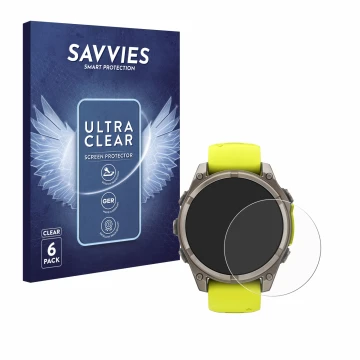 Vorderseite einer Produktverpackung mit dem Markenlogo Savvies. Daneben ist das Gerät Garmin Fenix 8 Solar (47 mm) mit dem zug