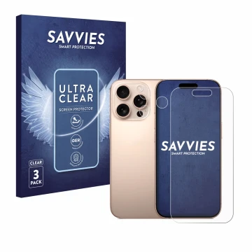 Vorderseite einer Produktverpackung mit dem Markenlogo Savvies. Daneben ist das Gerät Apple iPhone 16 Pro (Display+Kamera) mit