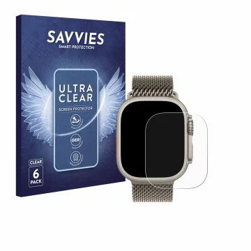 Vorderseite einer Produktverpackung mit dem Markenlogo Savvies. Daneben ist das Gerät Apple Watch Ultra 3 mit dem zugehörigen 
