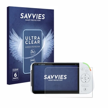 Vorderseite einer Produktverpackung mit dem Markenlogo Savvies. Daneben ist das Gerät Babysense MaxView-2CAM 5,5