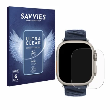 Vorderseite einer Produktverpackung mit dem Markenlogo Savvies. Daneben ist das Gerät Apple Watch Hermès Ultra 2 mit dem zugeh