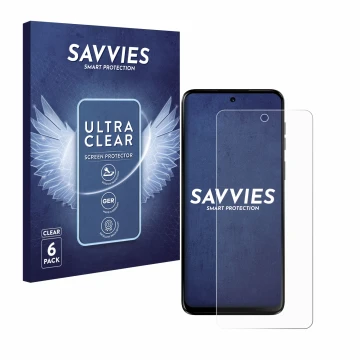 Vorderseite einer Produktverpackung mit dem Markenlogo Savvies. Daneben ist das Gerät Motorola Moto G55 mit dem zugehörigen Di