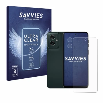 Vorderseite einer Produktverpackung mit dem Markenlogo Savvies. Daneben ist das Gerät Motorola Moto G55 (Display+Kamera) mit d