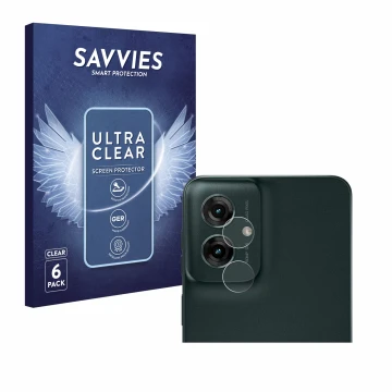 Vorderseite einer Produktverpackung mit dem Markenlogo Savvies. Daneben ist das Gerät Motorola Moto G55 (NUR Kameraschutz) mit