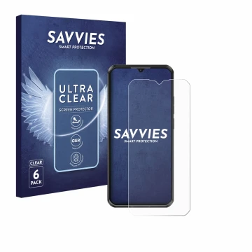 Vorderseite einer Produktverpackung mit dem Markenlogo Savvies. Daneben ist das Gerät Oukitel WP50 mit dem zugehörigen Display