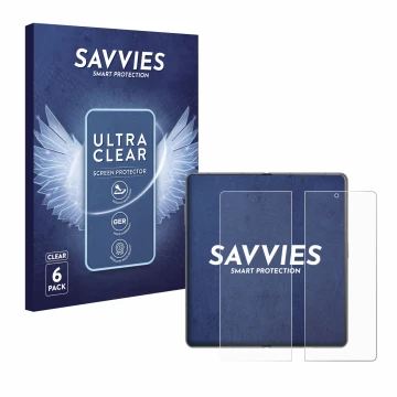 Vorderseite einer Produktverpackung mit dem Markenlogo Savvies. Daneben ist das Gerät Honor Magic V3 (inneres Display) mit dem