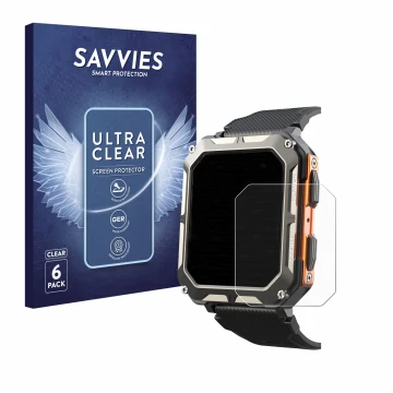 Vorderseite einer Produktverpackung mit dem Markenlogo Savvies. Daneben ist das Gerät Findtime Smartwatch 1.83