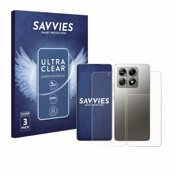 Vorderseite einer Produktverpackung mit dem Markenlogo Savvies. Daneben ist das Gerät Xiaomi 14T Pro (Display+Rückseite) mit d