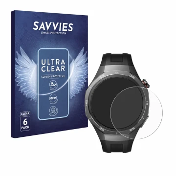 Vorderseite einer Produktverpackung mit dem Markenlogo Savvies. Daneben ist das Gerät Huawei Watch GT 5 Pro (46 mm) mit dem zu