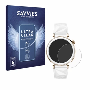 Vorderseite einer Produktverpackung mit dem Markenlogo Savvies. Daneben ist das Gerät Huawei Watch GT 5 Pro (42 mm) mit dem zu