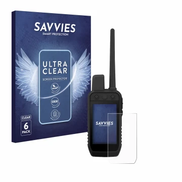 Vorderseite einer Produktverpackung mit dem Markenlogo Savvies. Daneben ist das Gerät Garmin Alpha 300 K mit dem zugehörigen D