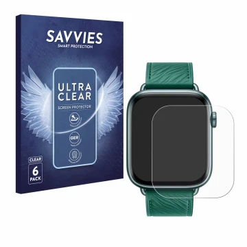 Vorderseite einer Produktverpackung mit dem Markenlogo Savvies. Daneben ist das Gerät Honor Watch 5 mit dem zugehörigen Displa